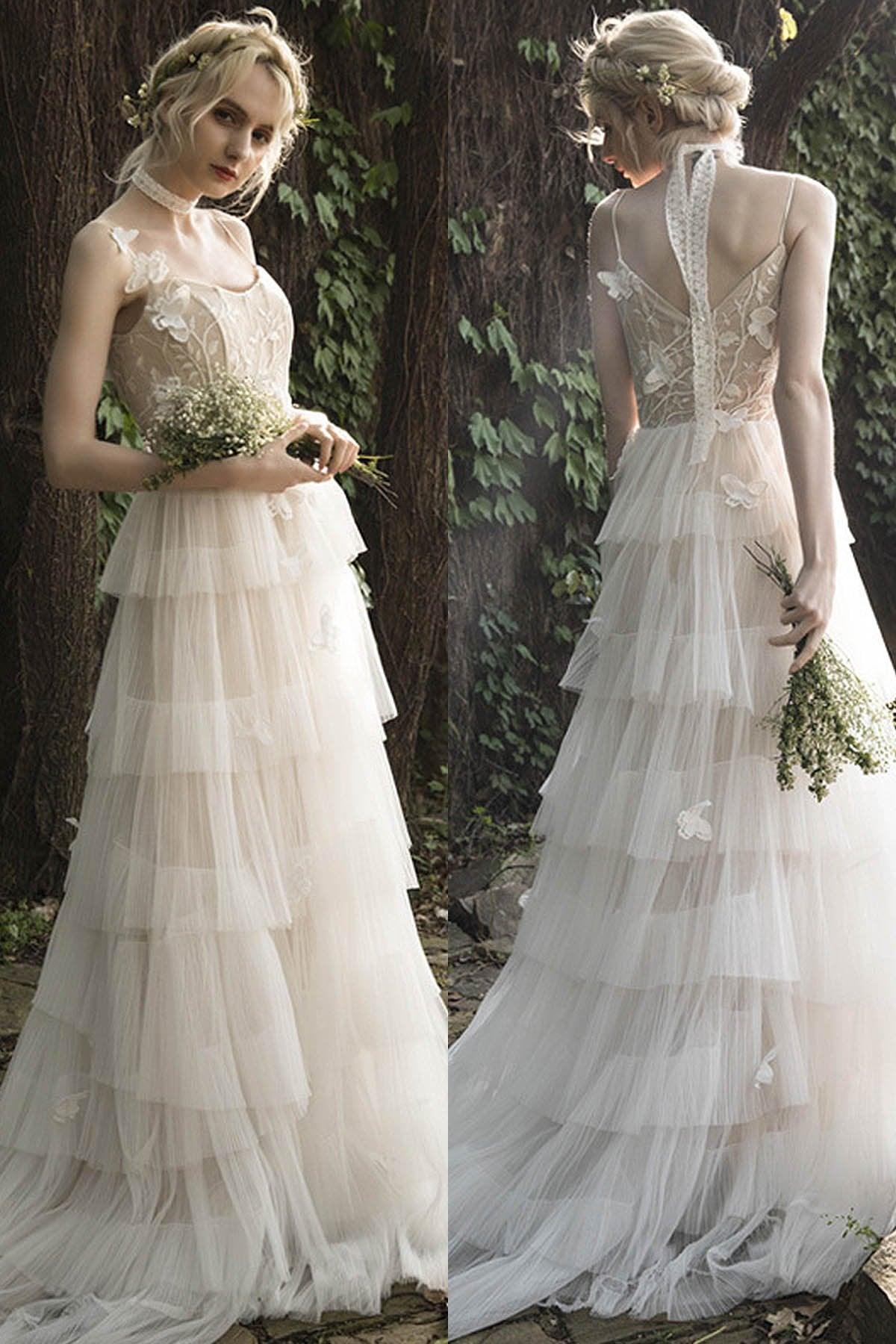A-Line Sweep-Brush Train Lace Tulle Wedding Dress CW3021 - COCOMELODY