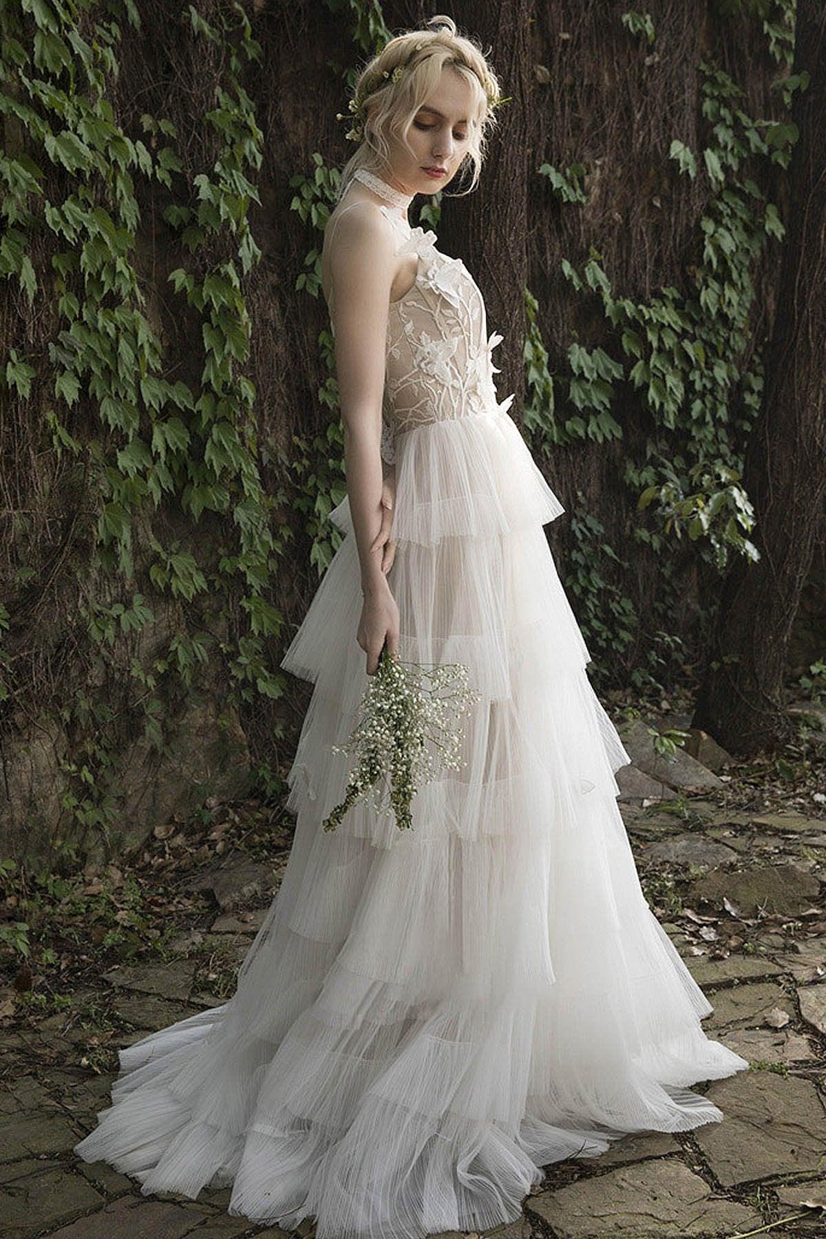 A-Line Sweep-Brush Train Lace Tulle Wedding Dress CW3021 - COCOMELODY