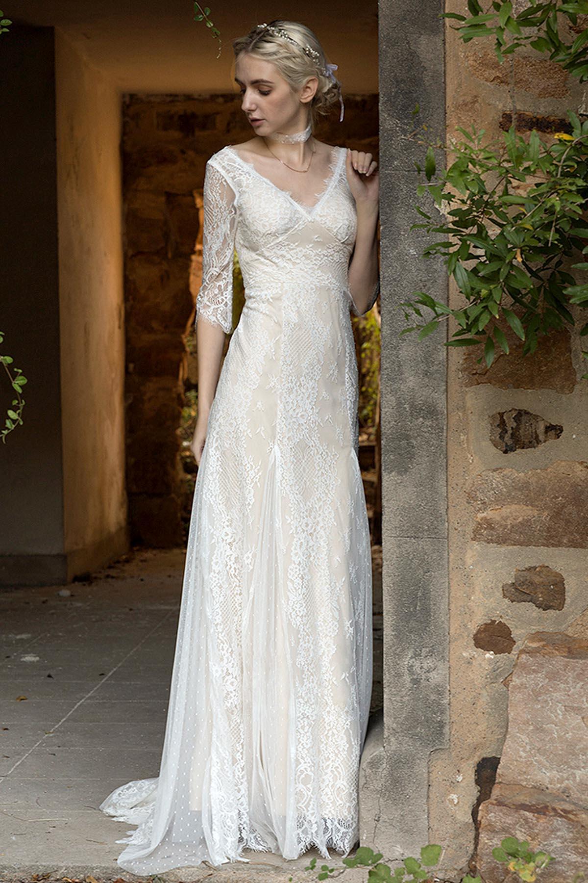 Sheath-Column Sweep-Brush Train Lace Wedding Dress CW3022