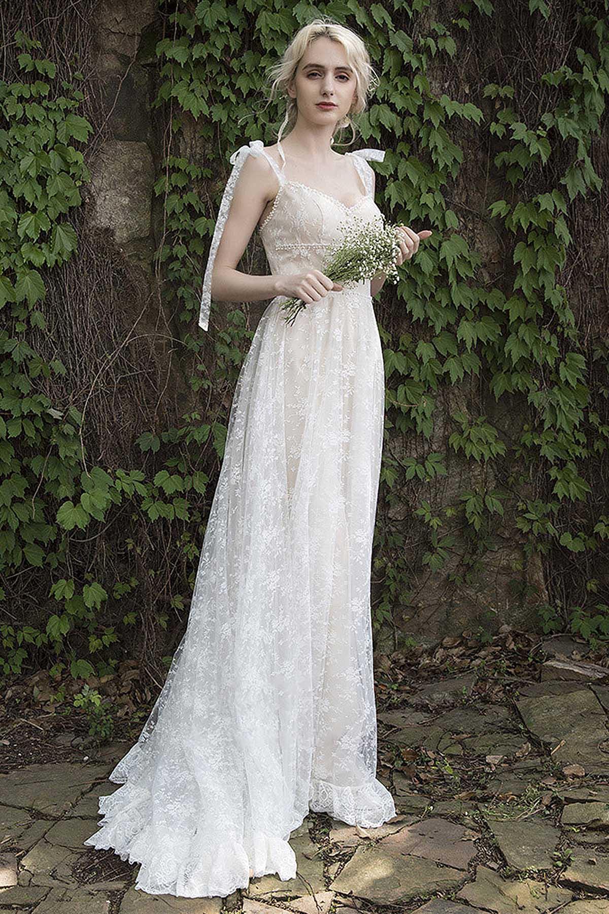 A-Line Sweep-Brush Train Lace Wedding Dress CW3023 - COCOMELODY