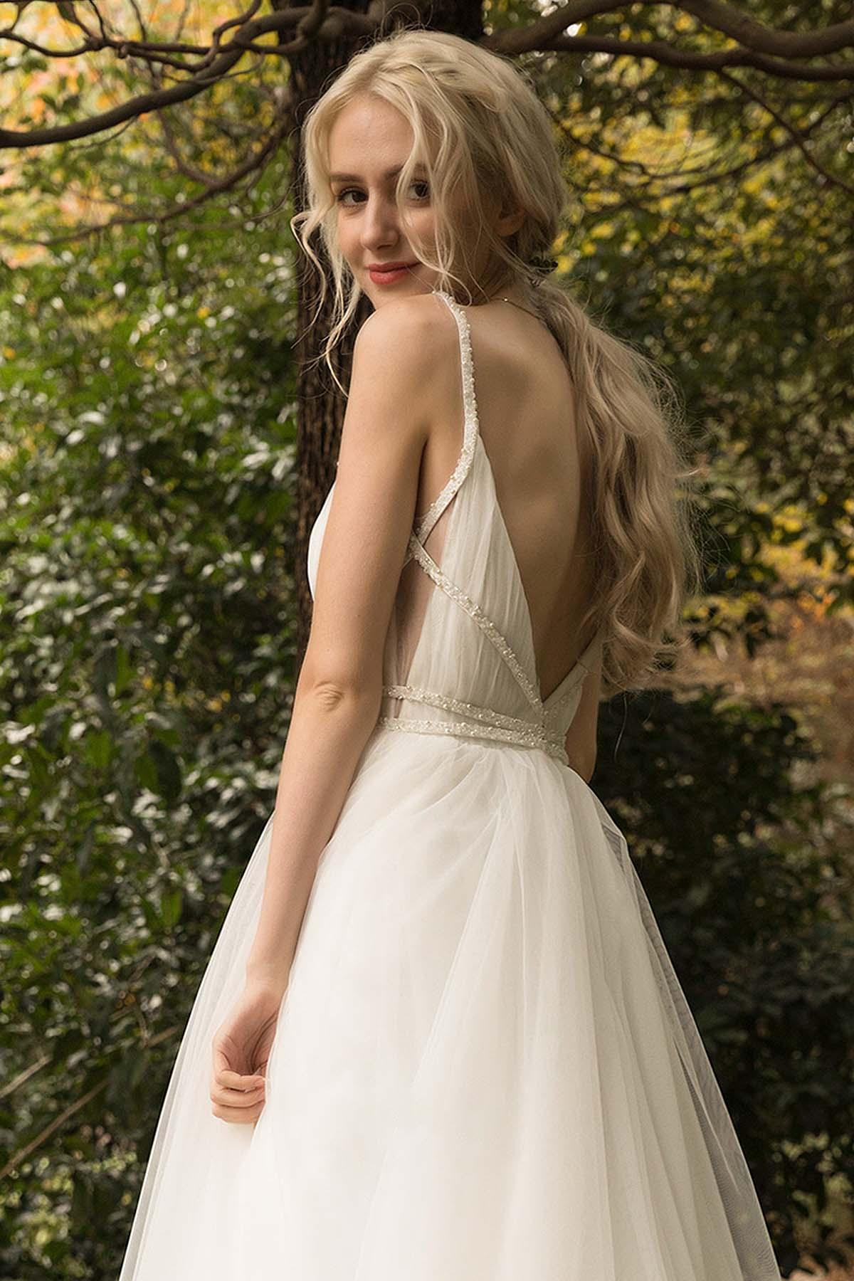 A-Line Sweep-Brush Train Tulle Wedding Dress CW3024 - COCOMELODY