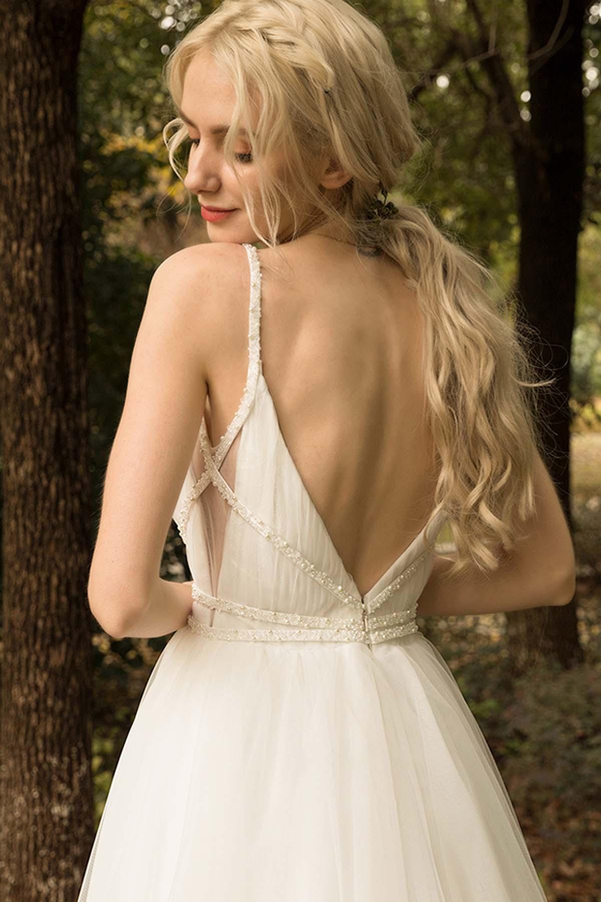 A-Line Sweep-Brush Train Tulle Wedding Dress CW3024 - COCOMELODY