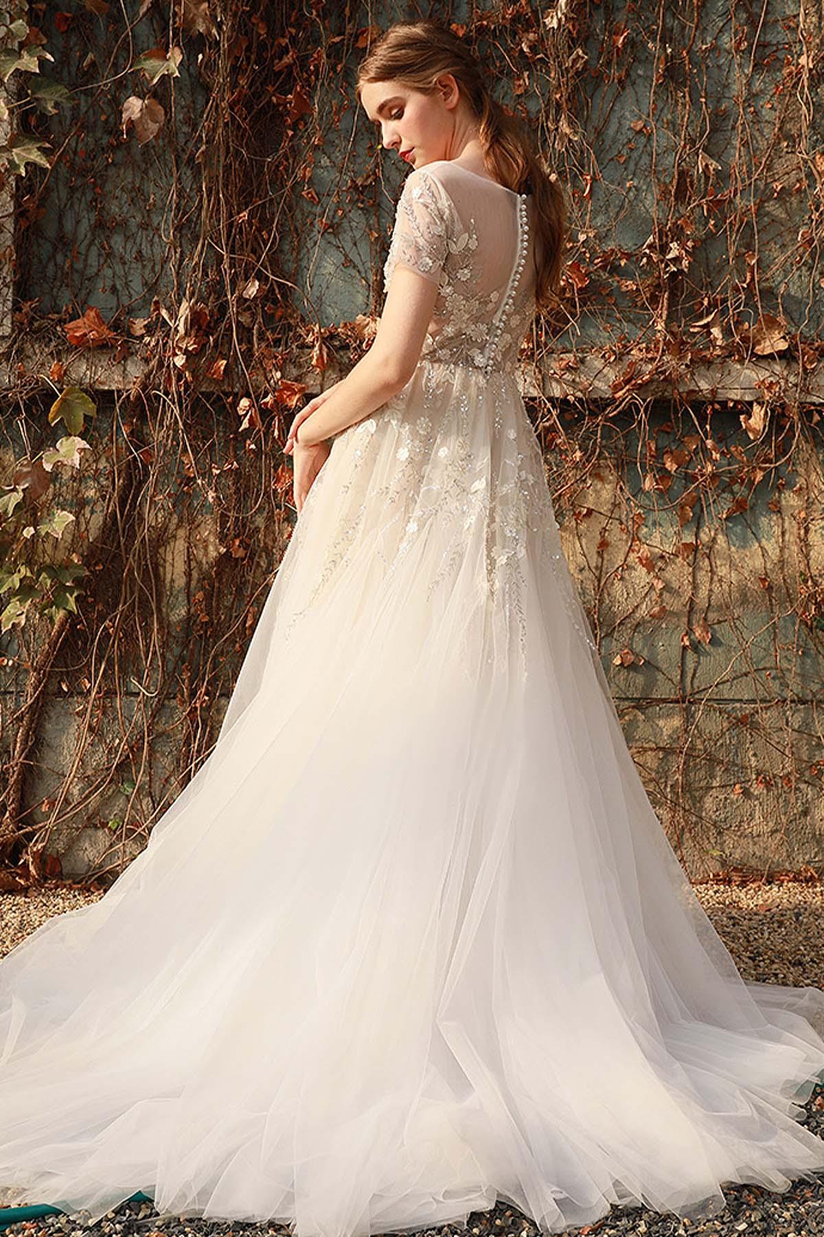 A-Line Sweep-Brush Train Lace Tulle Wedding Dress CW3026 - COCOMELODY