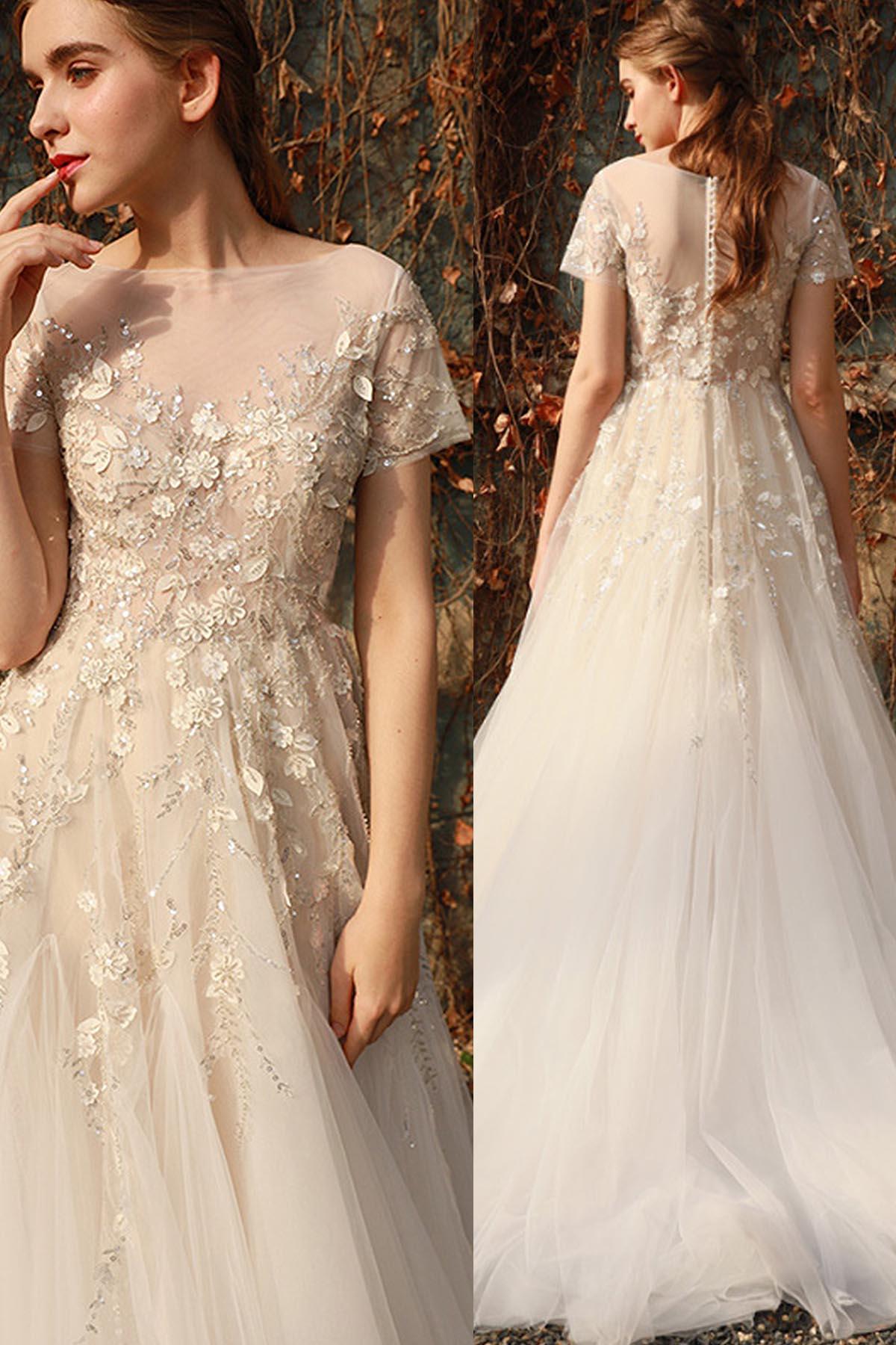 A-Line Sweep-Brush Train Lace Tulle Wedding Dress CW3026 - COCOMELODY