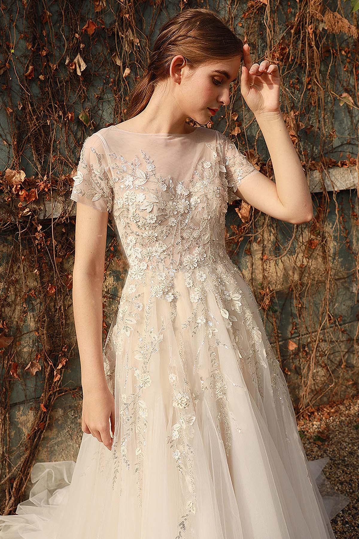 A-Line Sweep-Brush Train Lace Tulle Wedding Dress CW3026 - COCOMELODY