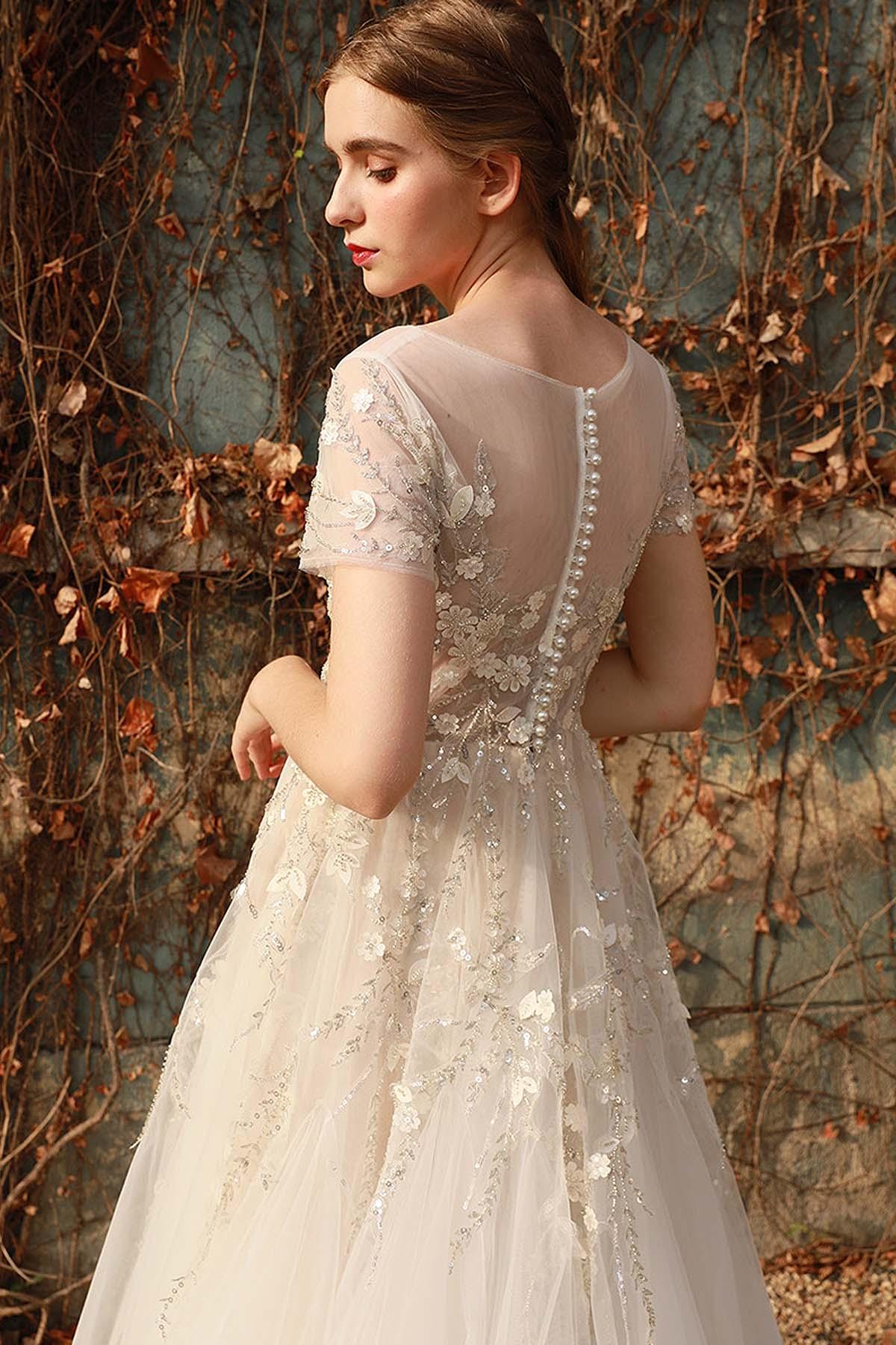 A-Line Sweep-Brush Train Lace Tulle Wedding Dress CW3026 - COCOMELODY