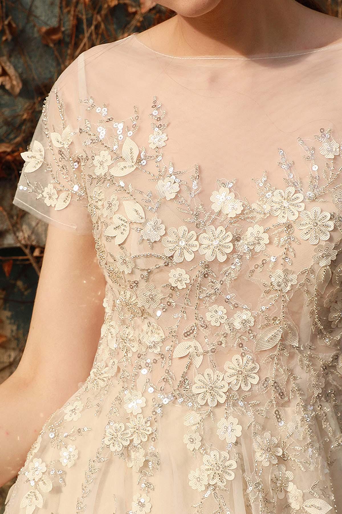 A-Line Sweep-Brush Train Lace Tulle Wedding Dress CW3026 - COCOMELODY