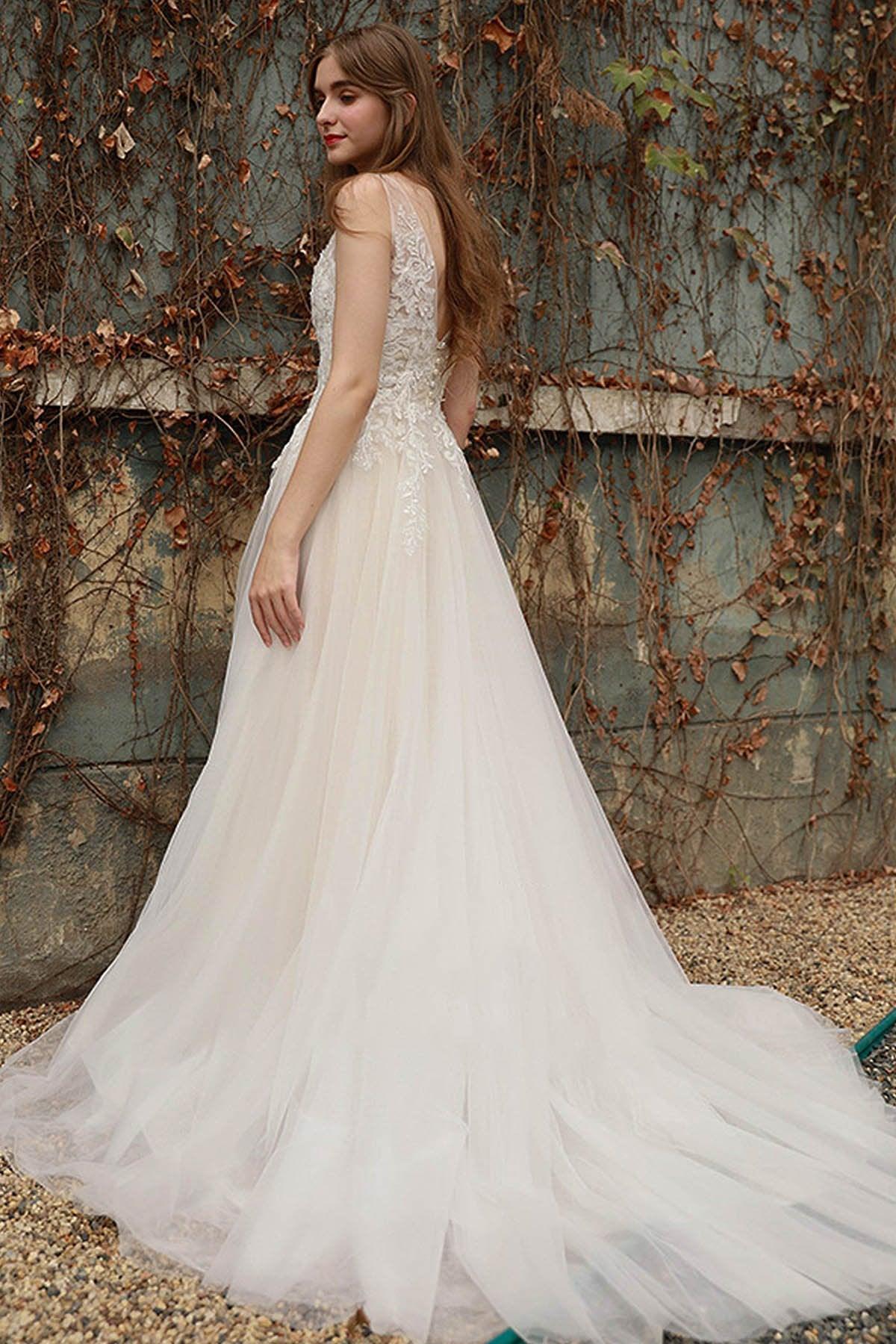 A-Line Sweep-Brush Train Tulle Wedding Dress CW3028 - COCOMELODY