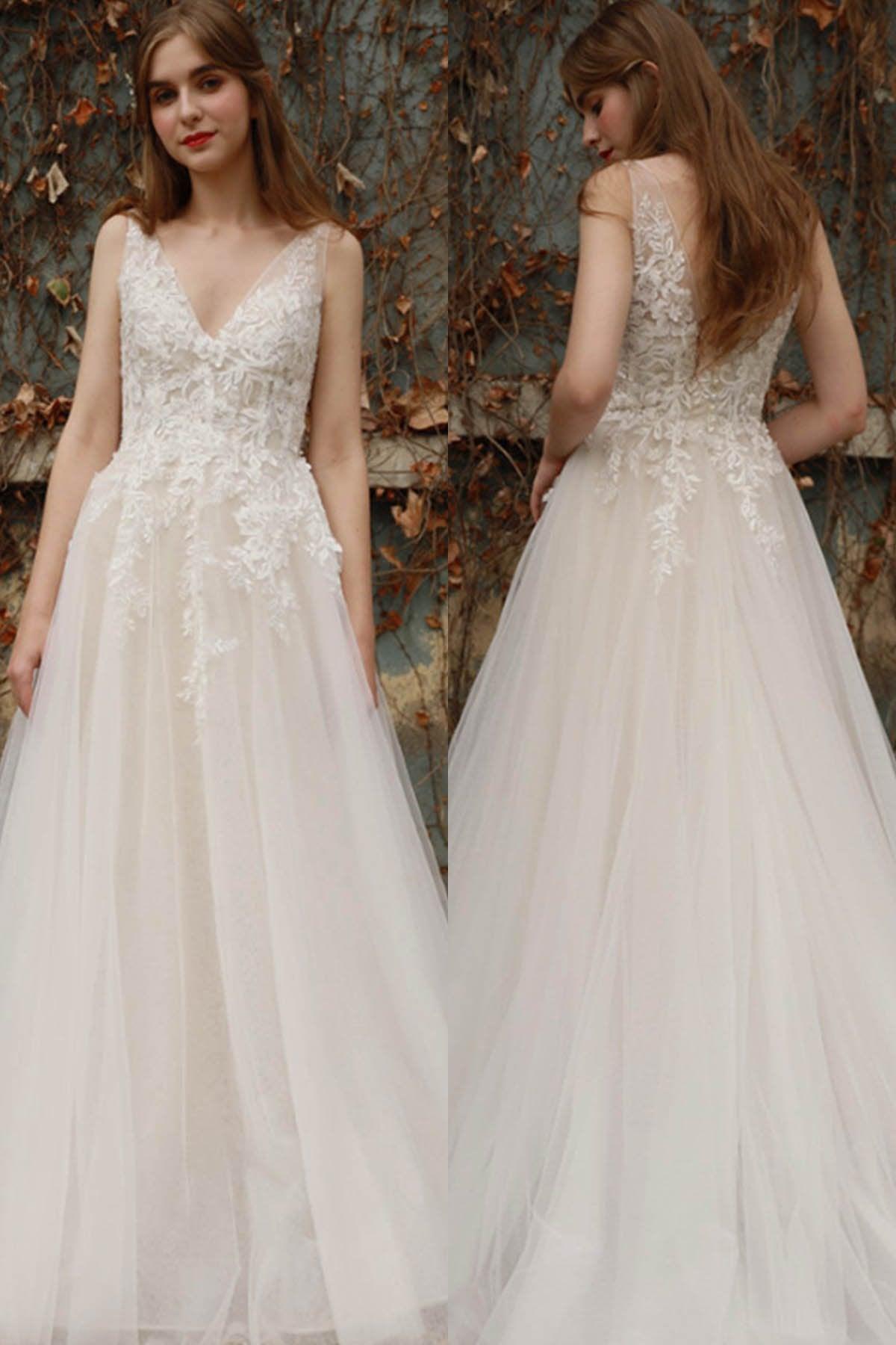 A-Line Sweep-Brush Train Tulle Wedding Dress CW3028 - COCOMELODY