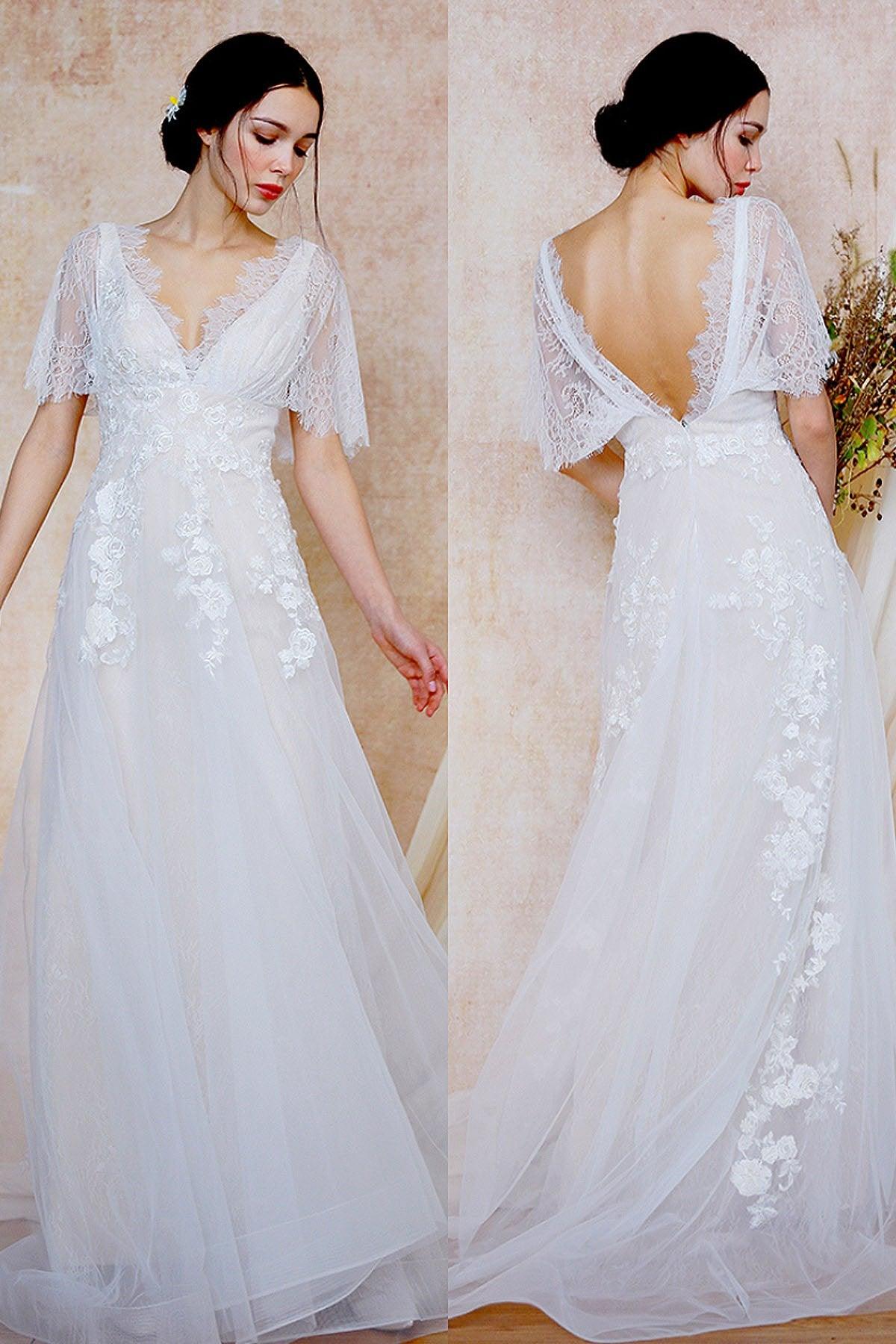 A-Line Sweep-Brush Train Lace Wedding Dress CW3031 - COCOMELODY