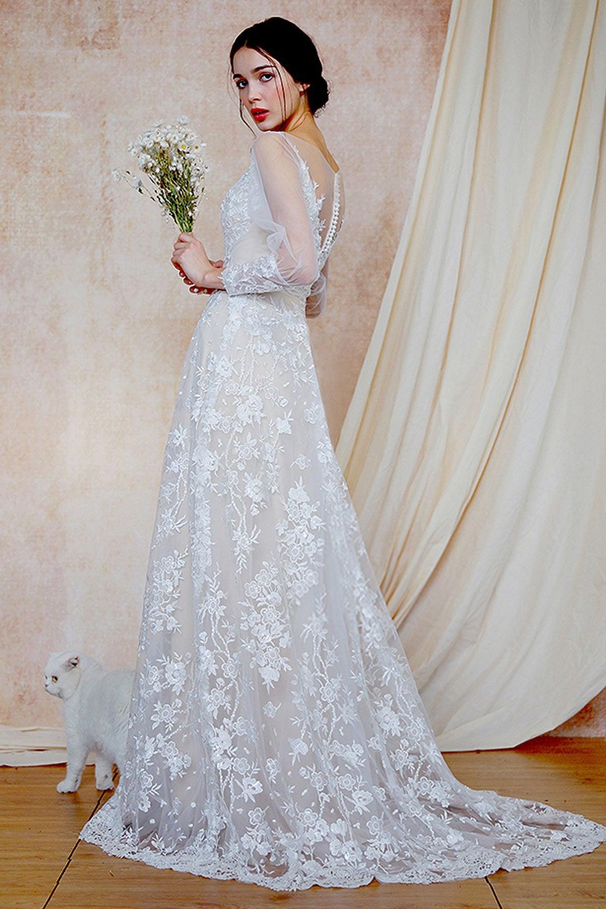 A-Line Sweep-Brush Train Lace Wedding Dress CW3032 - COCOMELODY