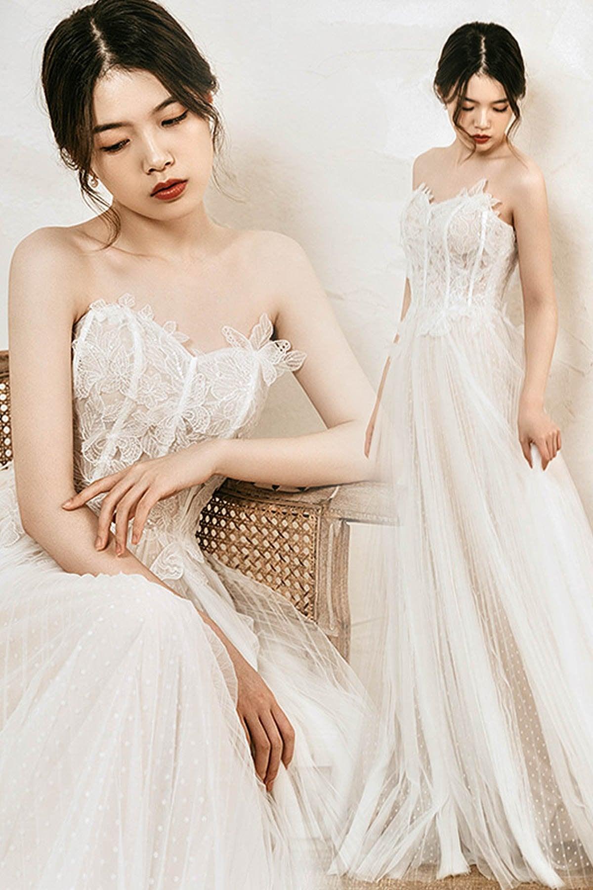 A-Line Sweep-Brush Train Tulle Wedding Dress CW3033 - COCOMELODY