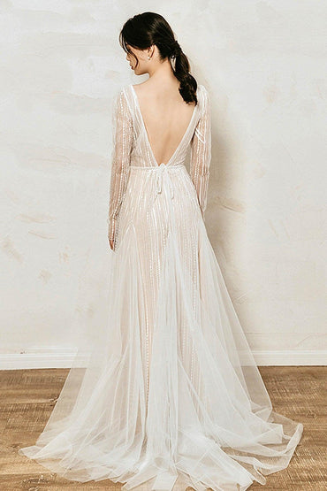 A-Line Sweep-Brush Train Sequined Lace Wedding Dress CW3035 - COCOMELODY