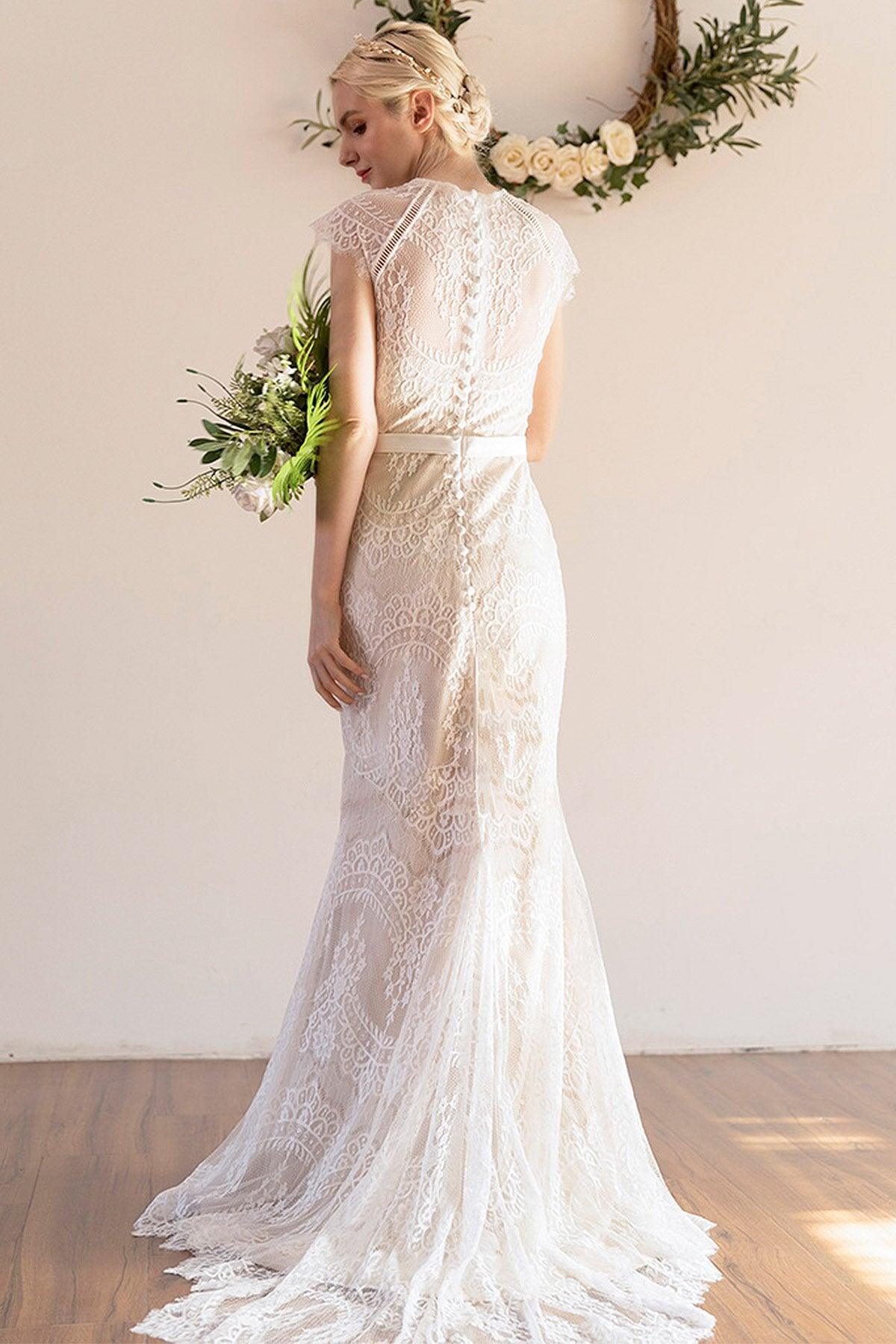 Trumpet-Mermaid Sweep-Brush Train Lace Wedding Dress CW3041 - COCOMELODY