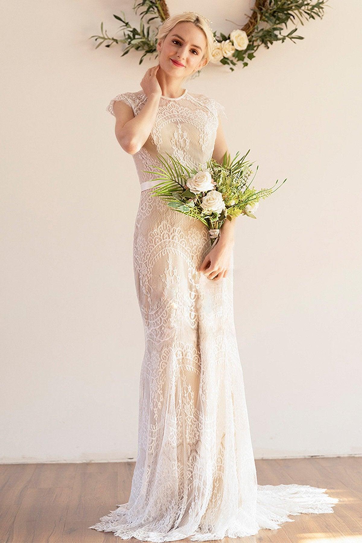 Trumpet-Mermaid Sweep-Brush Train Lace Wedding Dress CW3041 - COCOMELODY