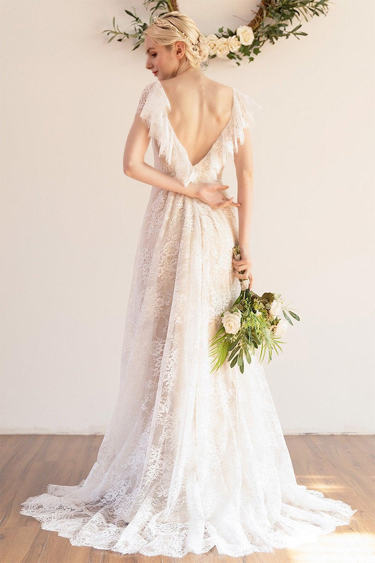 A-Line Sweep-Brush Train Lace Wedding Dress CW3043 - COCOMELODY