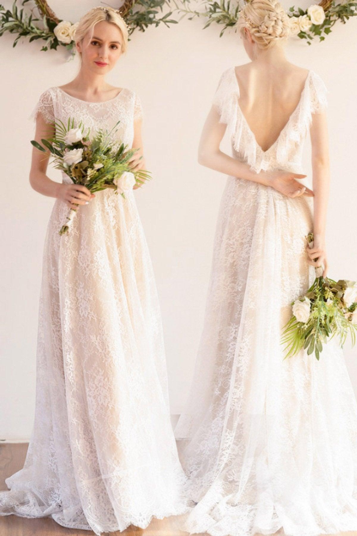 A-Line Sweep-Brush Train Lace Wedding Dress CW3043 - COCOMELODY