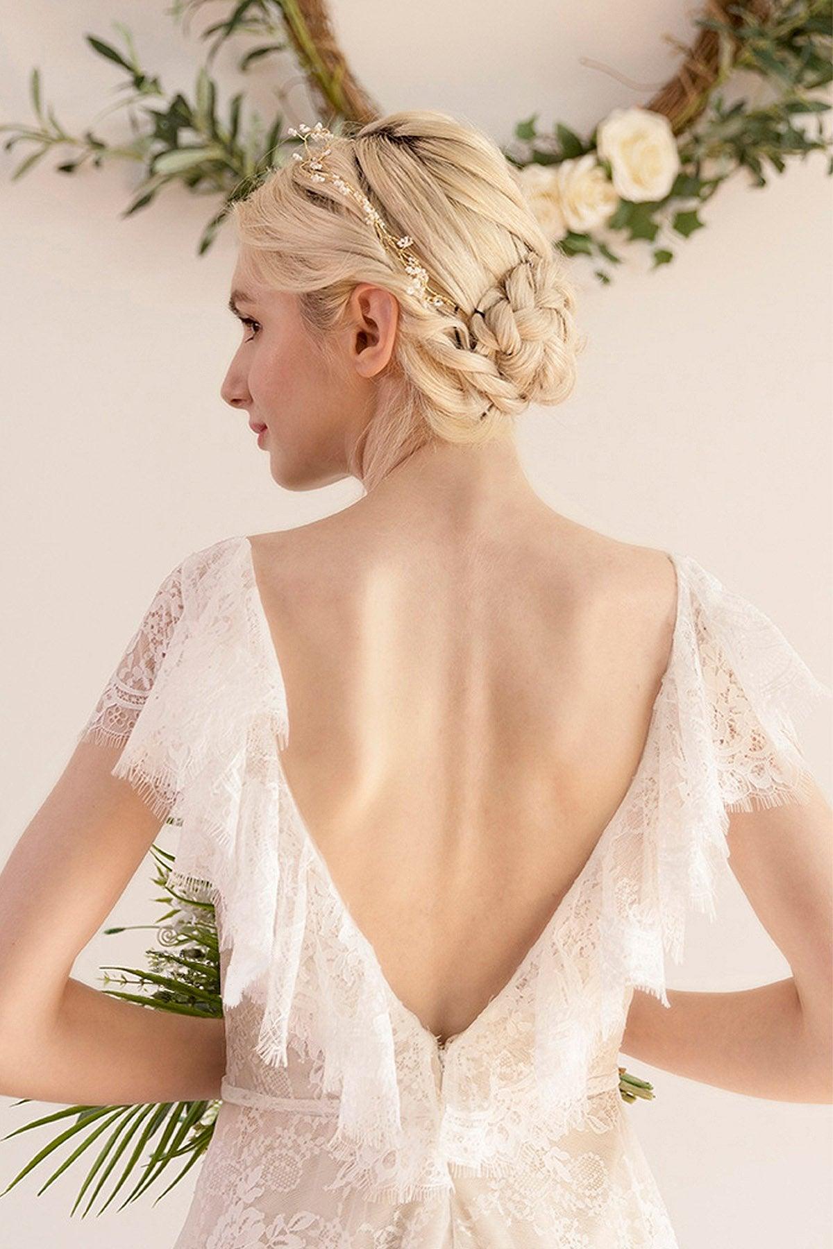 A-Line Sweep-Brush Train Lace Wedding Dress CW3043 - COCOMELODY