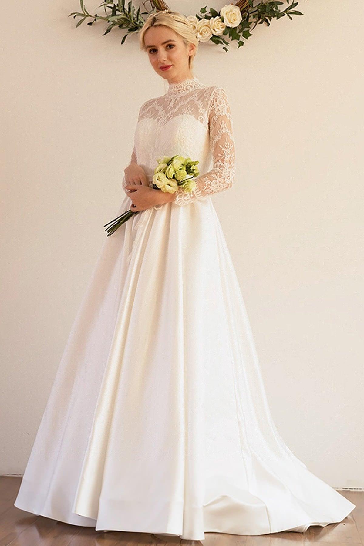 A-Line Sweep-Brush Train Lace Satin Wedding Dress CW3044 - COCOMELODY