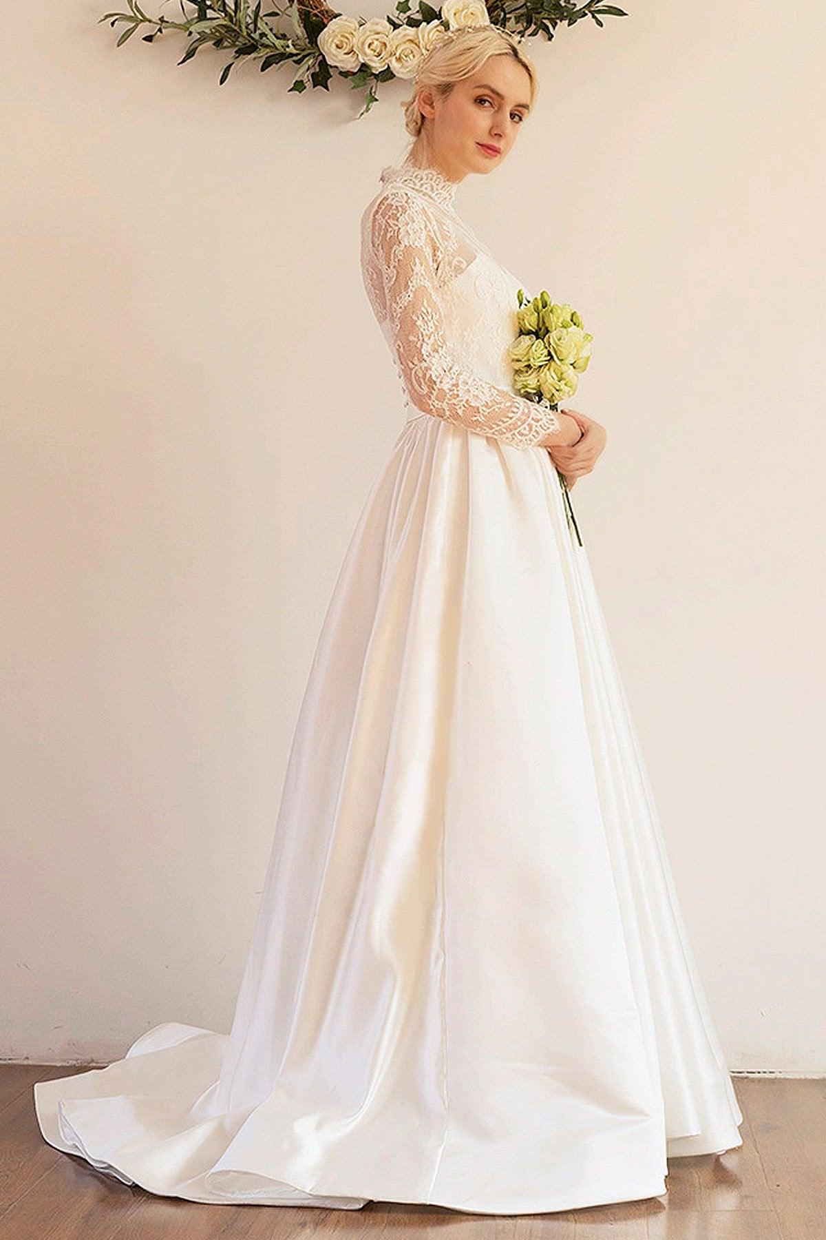 A-Line Sweep-Brush Train Lace Satin Wedding Dress CW3044 - COCOMELODY