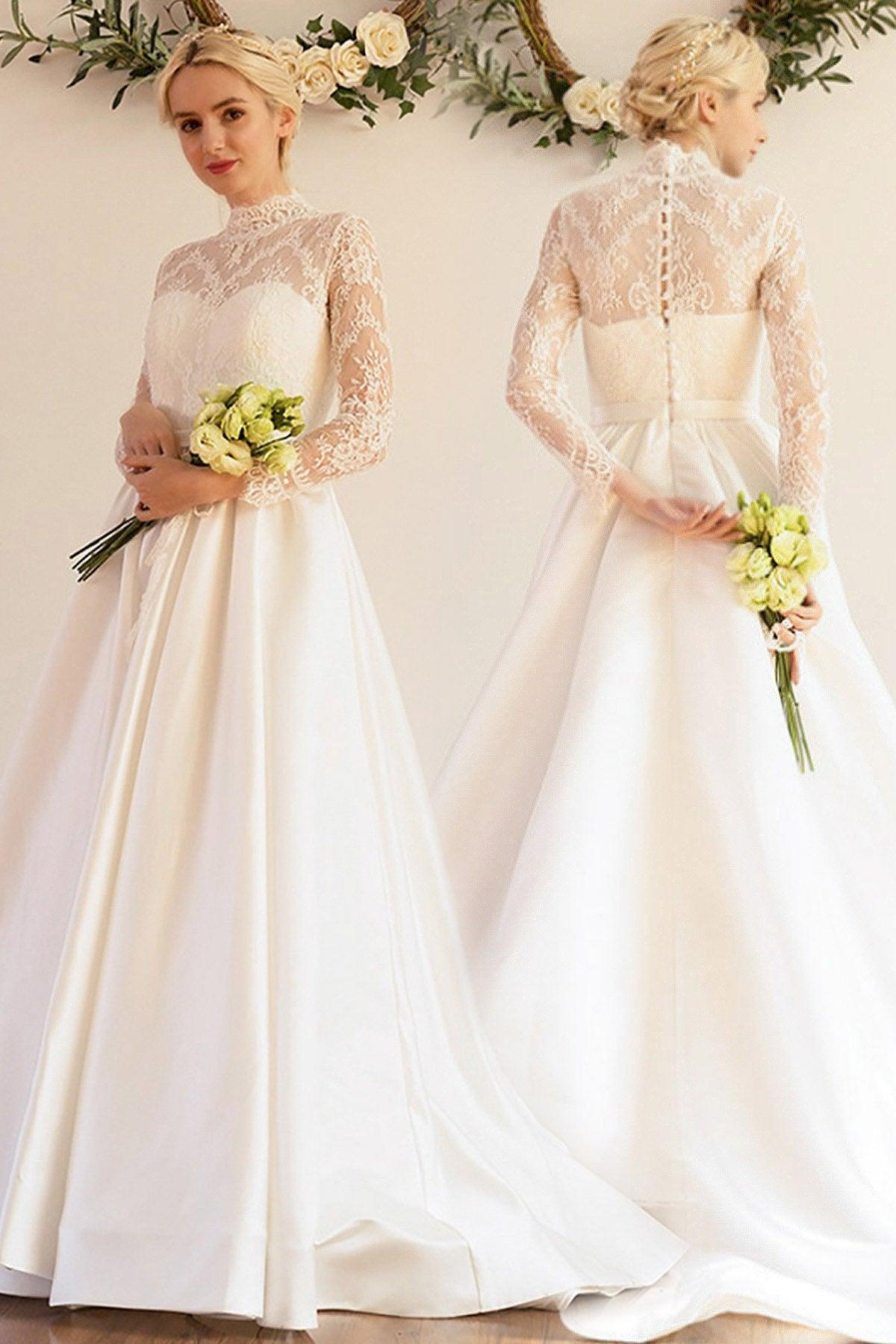 A-Line Sweep-Brush Train Lace Satin Wedding Dress CW3044 - COCOMELODY