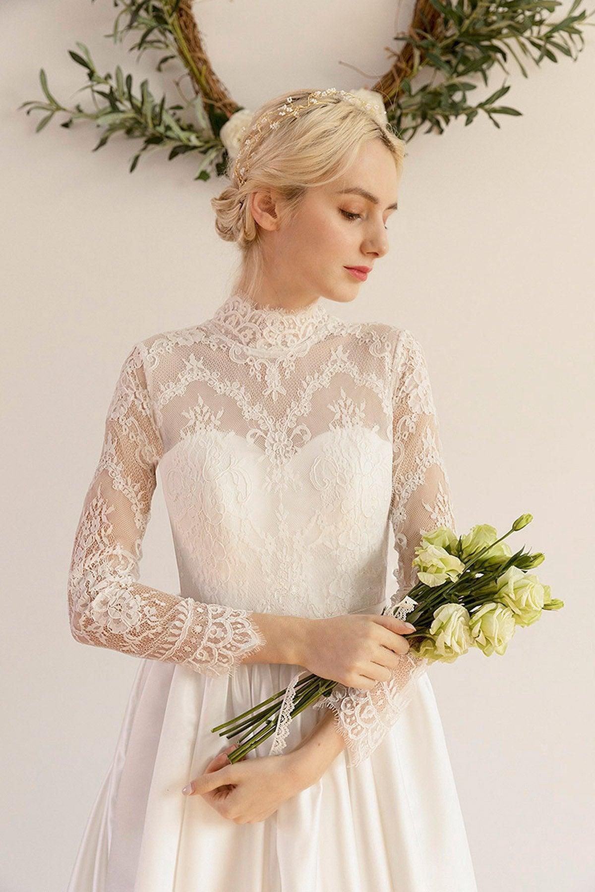A-Line Sweep-Brush Train Lace Satin Wedding Dress CW3044 - COCOMELODY
