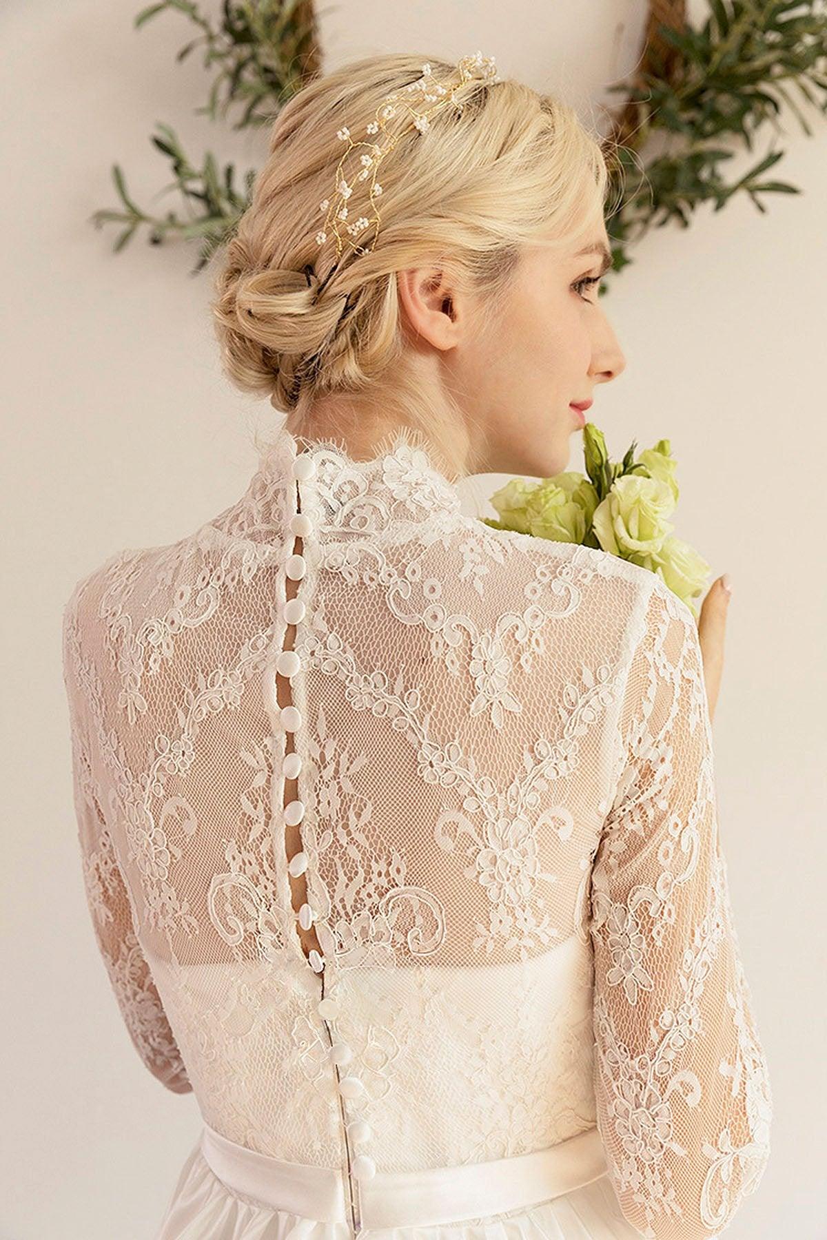 A-Line Sweep-Brush Train Lace Satin Wedding Dress CW3044 - COCOMELODY