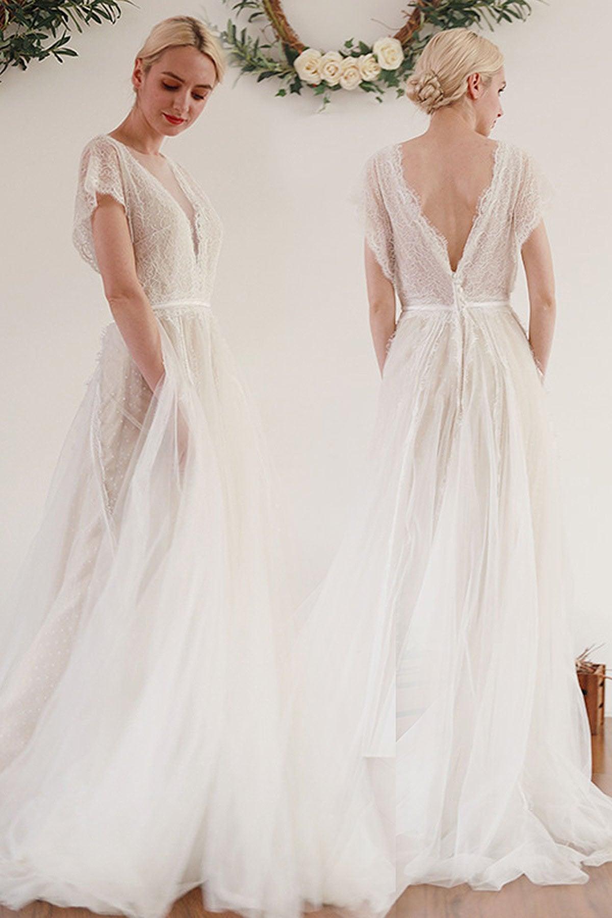 A-Line Sweep-Brush Train Lace Tulle Wedding Dress CW3045 - COCOMELODY