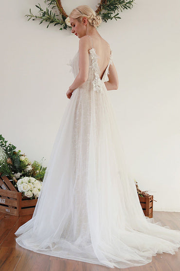 A-Line Sweep-Brush Train Lace Tulle Wedding Dress CW3046