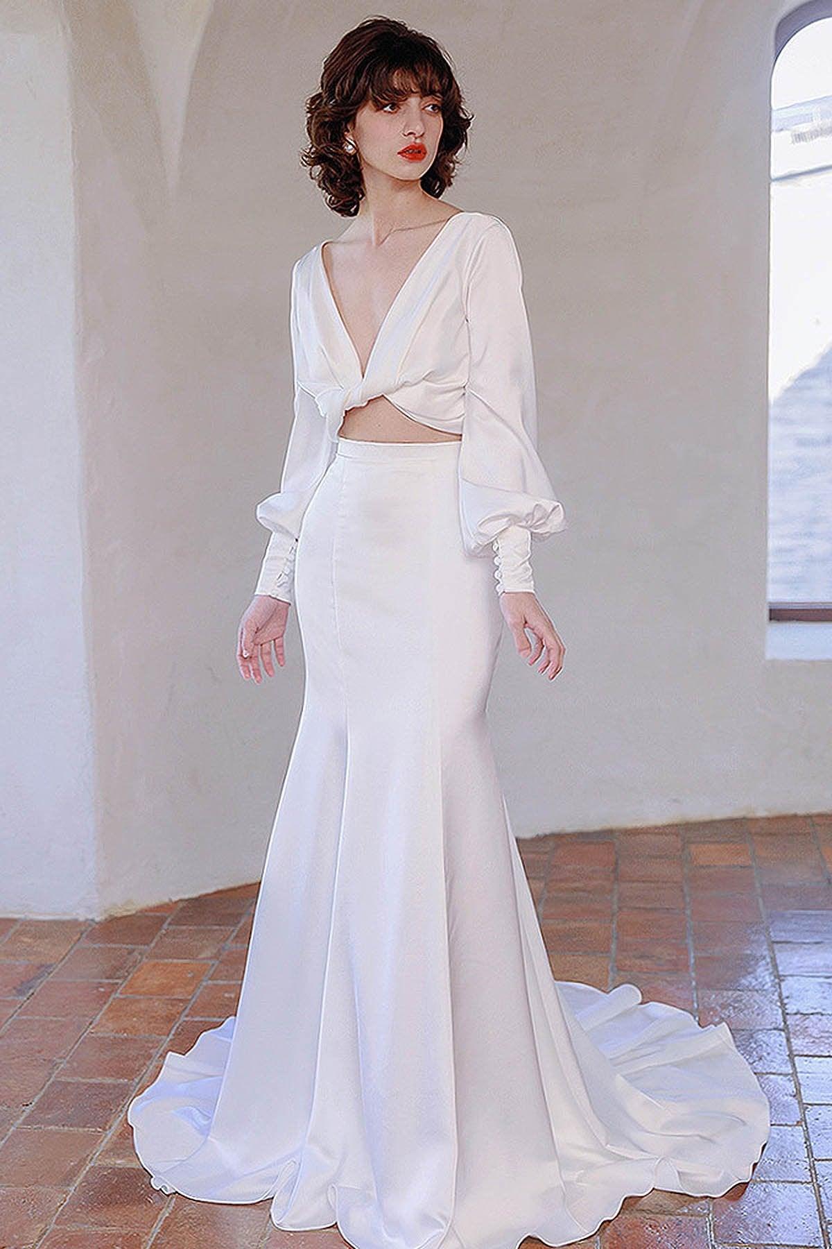 Two-Piece Sweep-Brush Train Satin Wedding Dress CW3048 - COCOMELODY