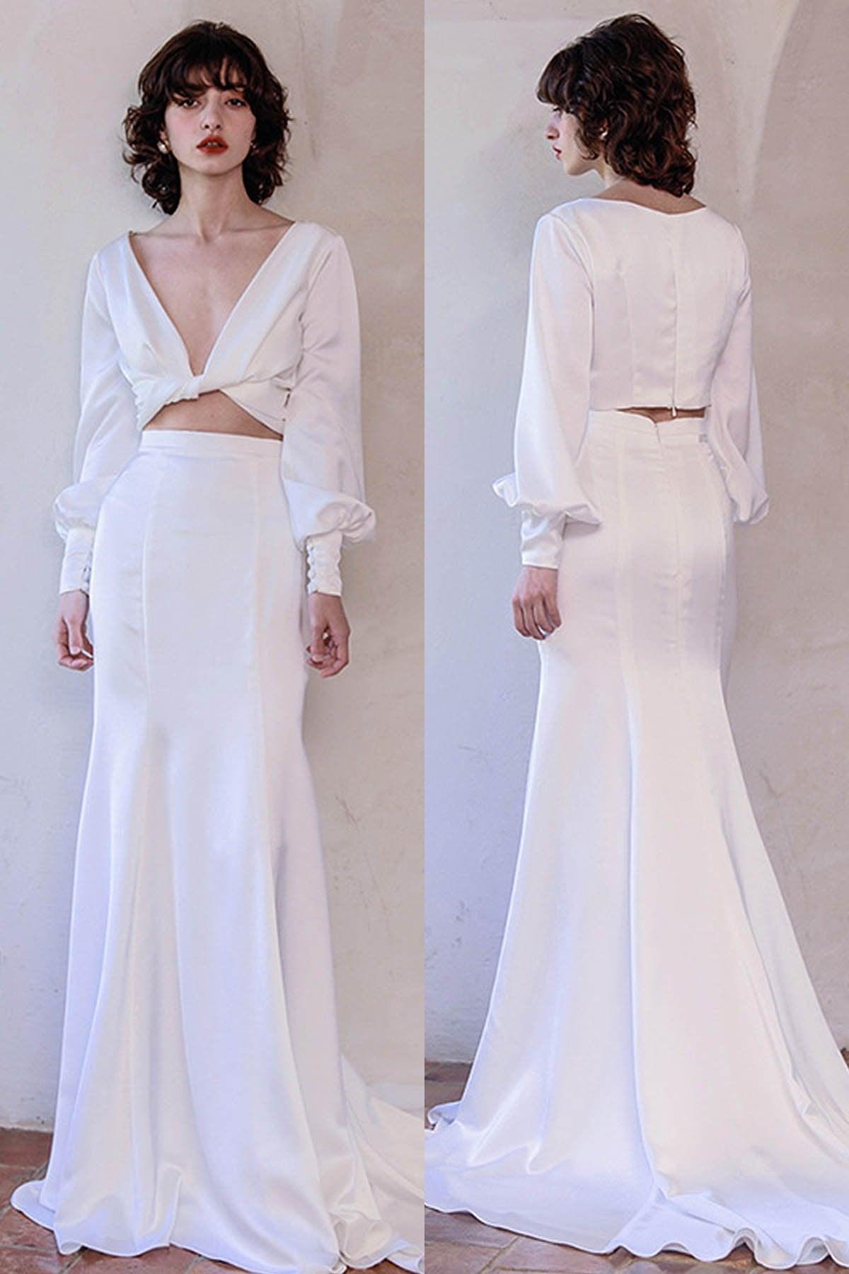 Two-Piece Sweep-Brush Train Satin Wedding Dress CW3048 - COCOMELODY