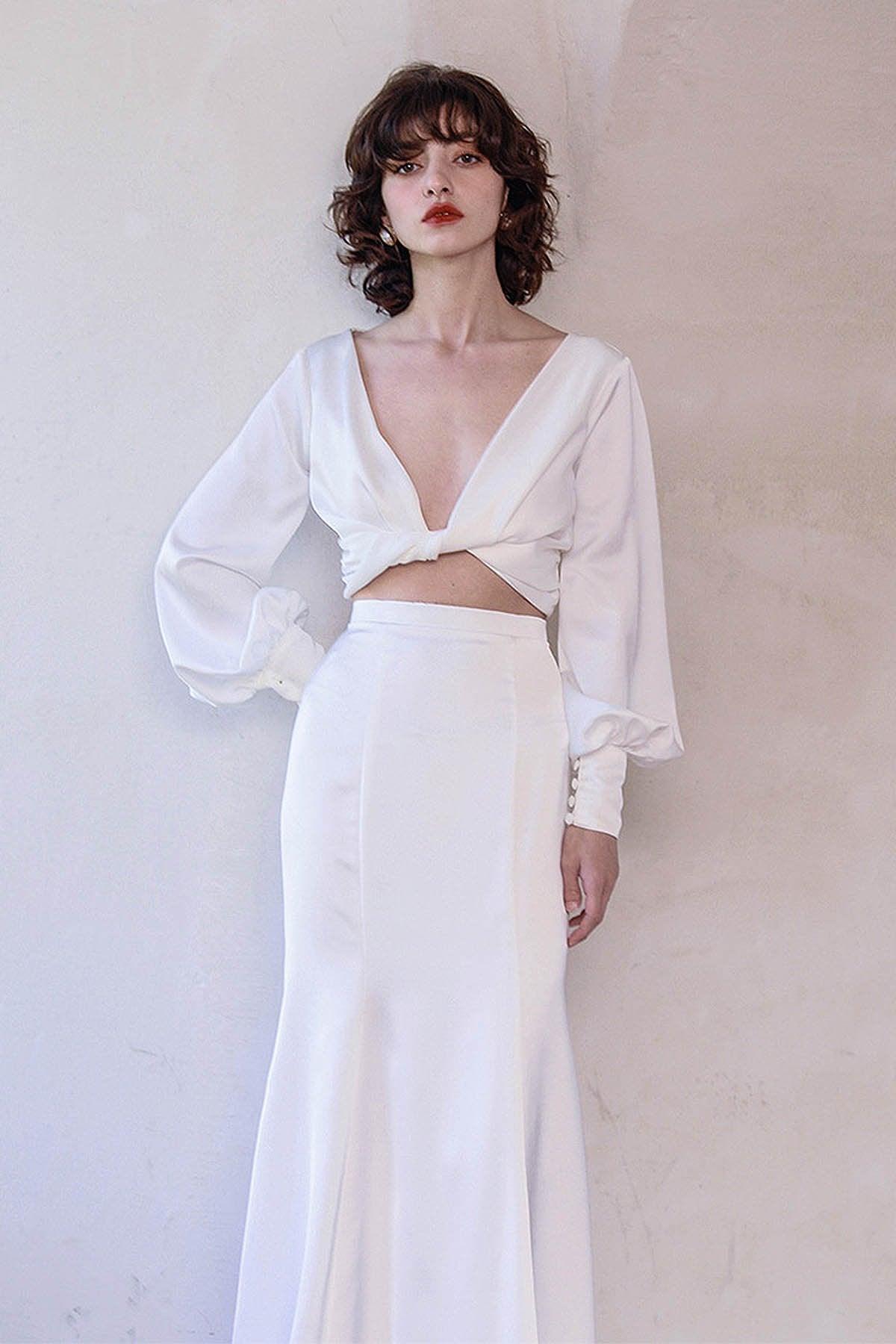 Two-Piece Sweep-Brush Train Satin Wedding Dress CW3048 - COCOMELODY