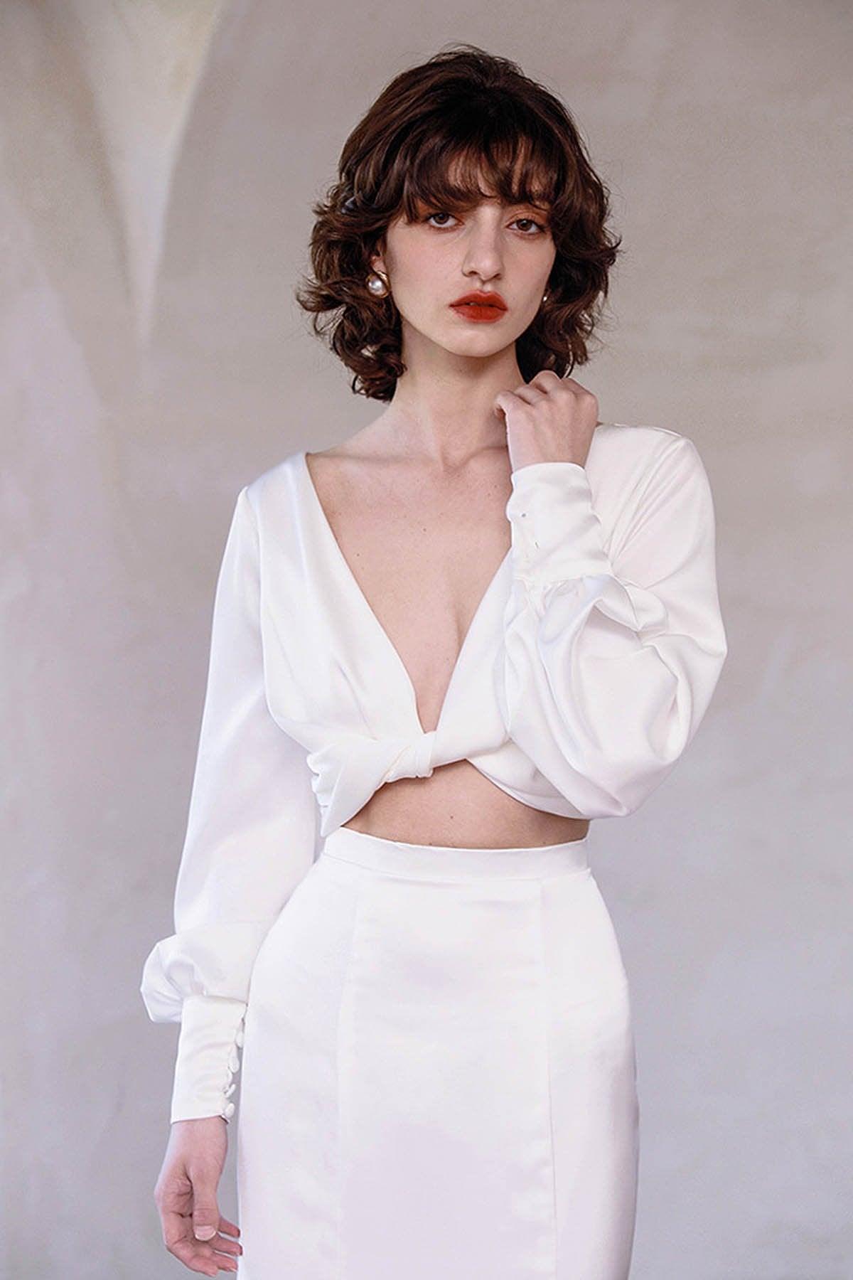 Two-Piece Sweep-Brush Train Satin Wedding Dress CW3048 - COCOMELODY