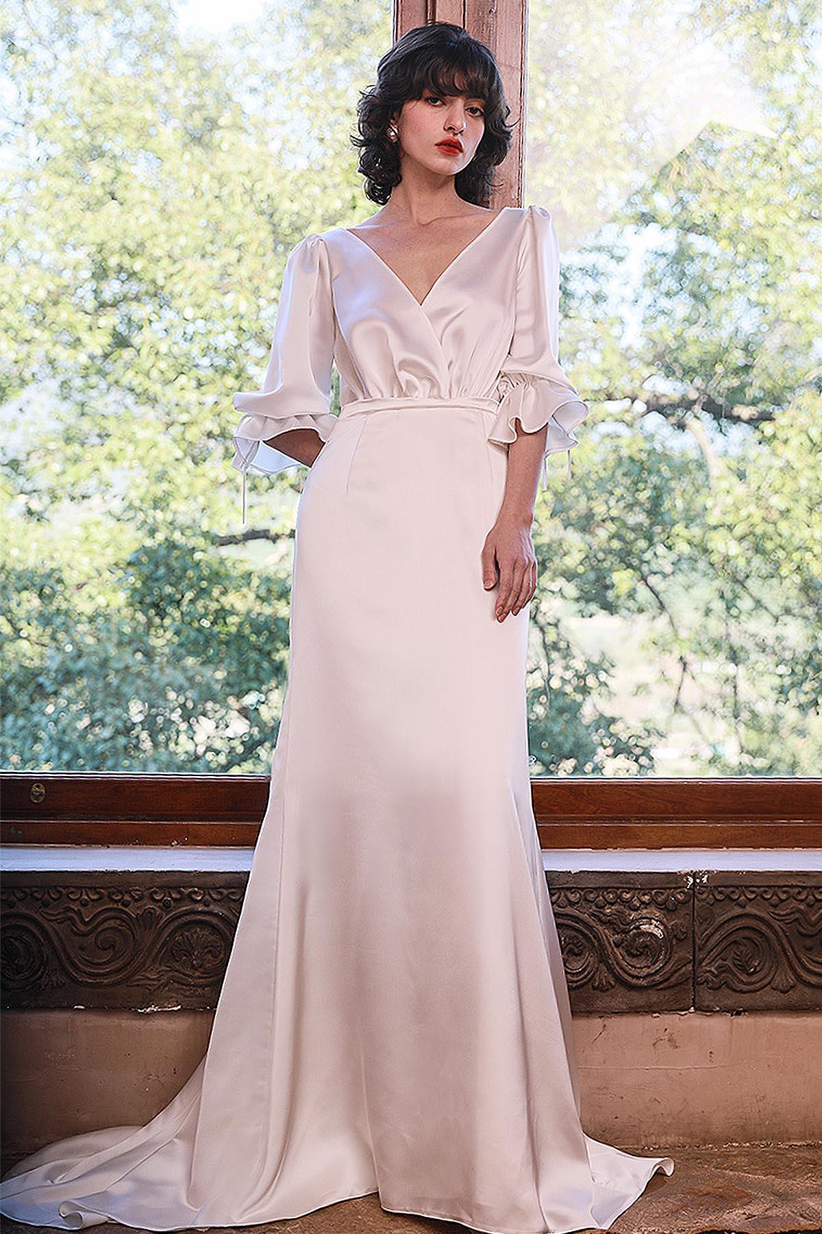 Trumpet-Mermaid Sweep-Brush Train Satin Wedding Dress CW3049 - COCOMELODY