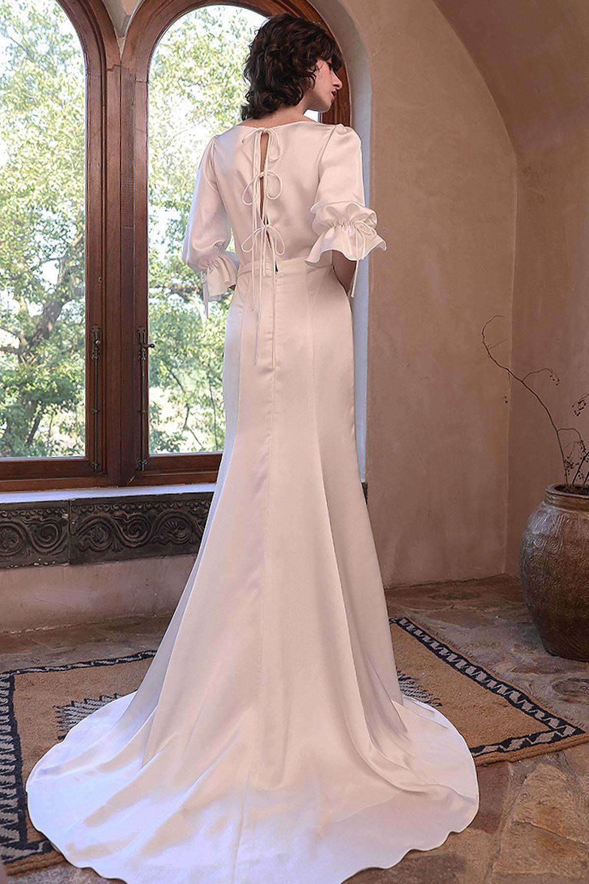 Trumpet-Mermaid Sweep-Brush Train Satin Wedding Dress CW3049 - COCOMELODY
