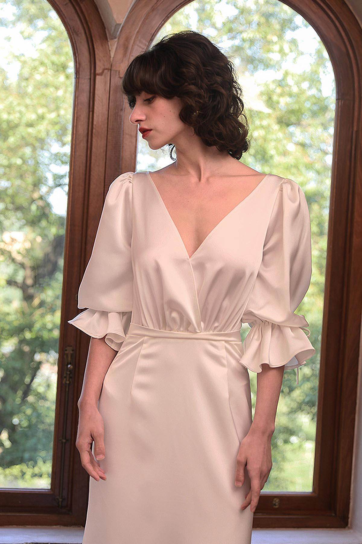Trumpet-Mermaid Sweep-Brush Train Satin Wedding Dress CW3049 - COCOMELODY