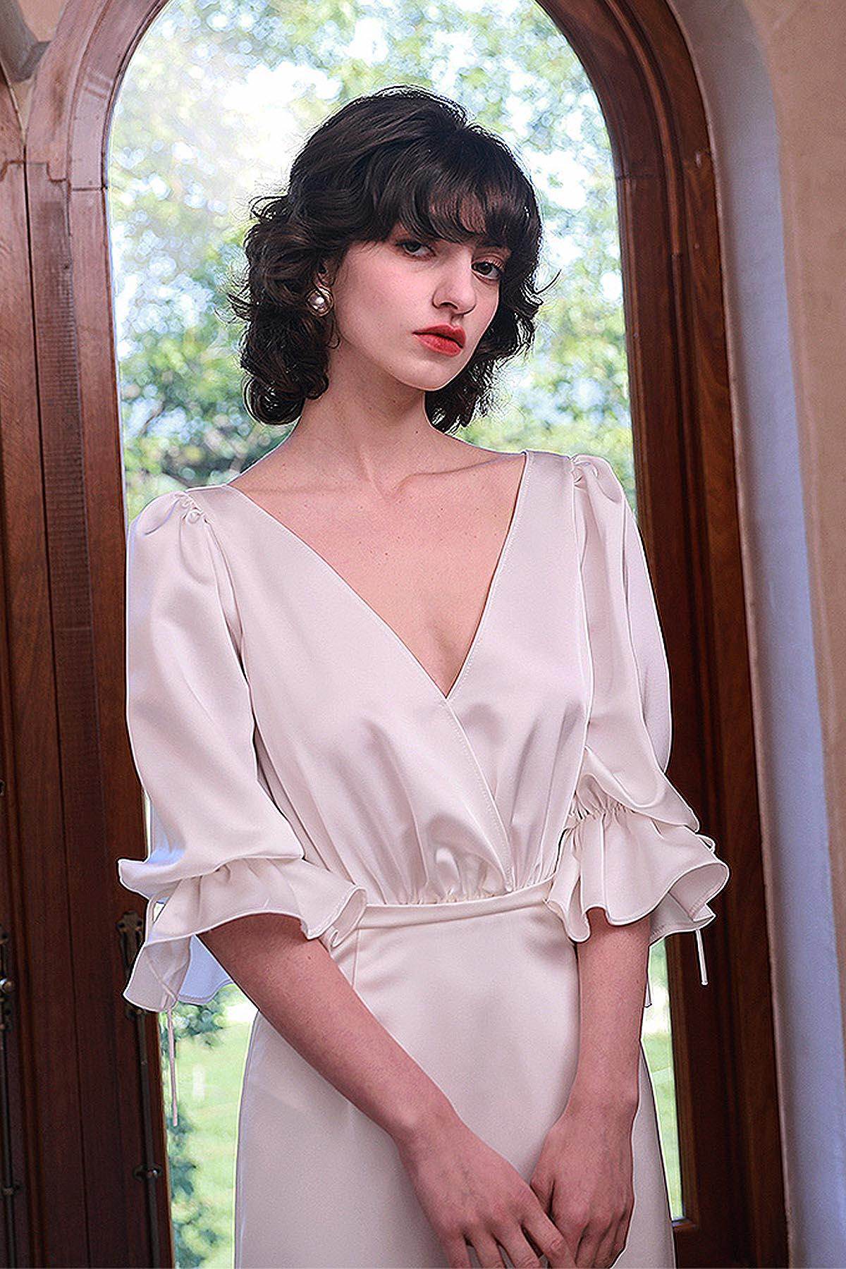 Trumpet-Mermaid Sweep-Brush Train Satin Wedding Dress CW3049 - COCOMELODY