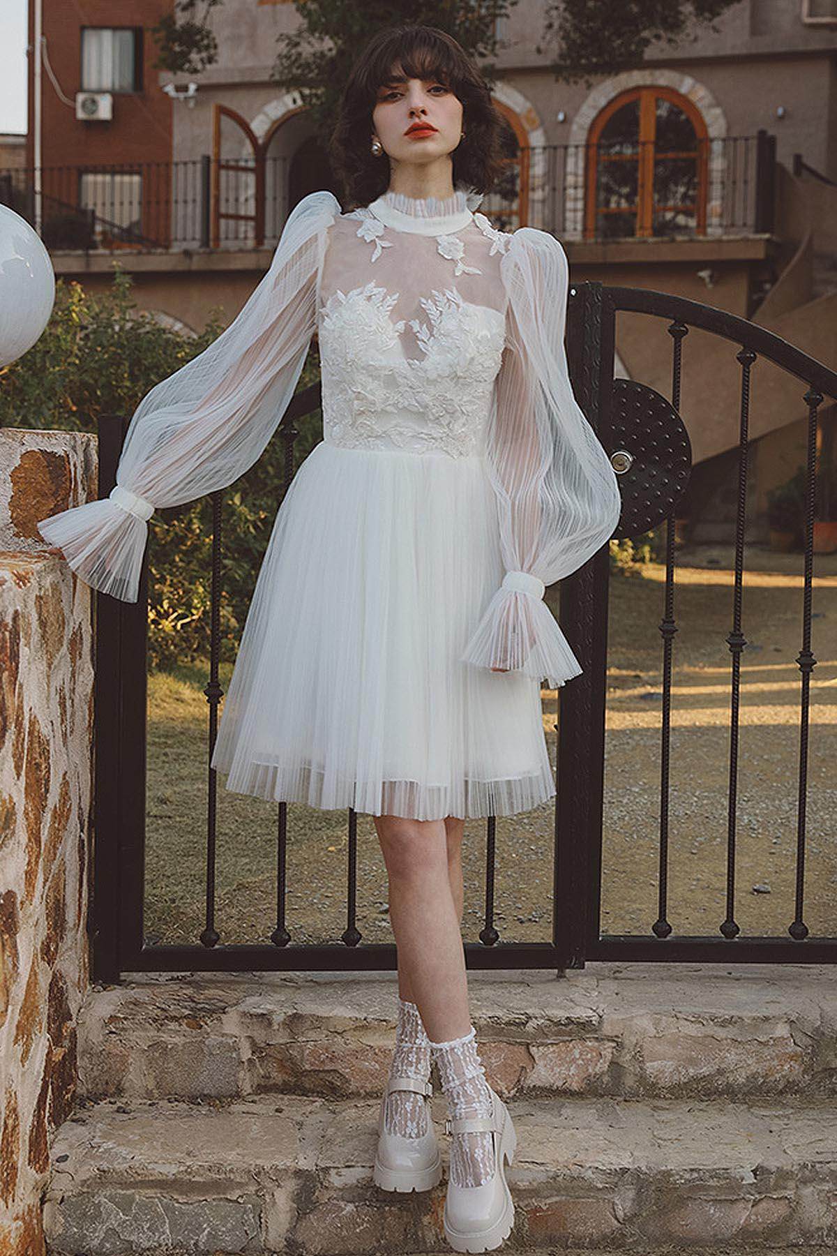 Sheath Knee Length Crushed Material Wedding Dress CW3050 - COCOMELODY