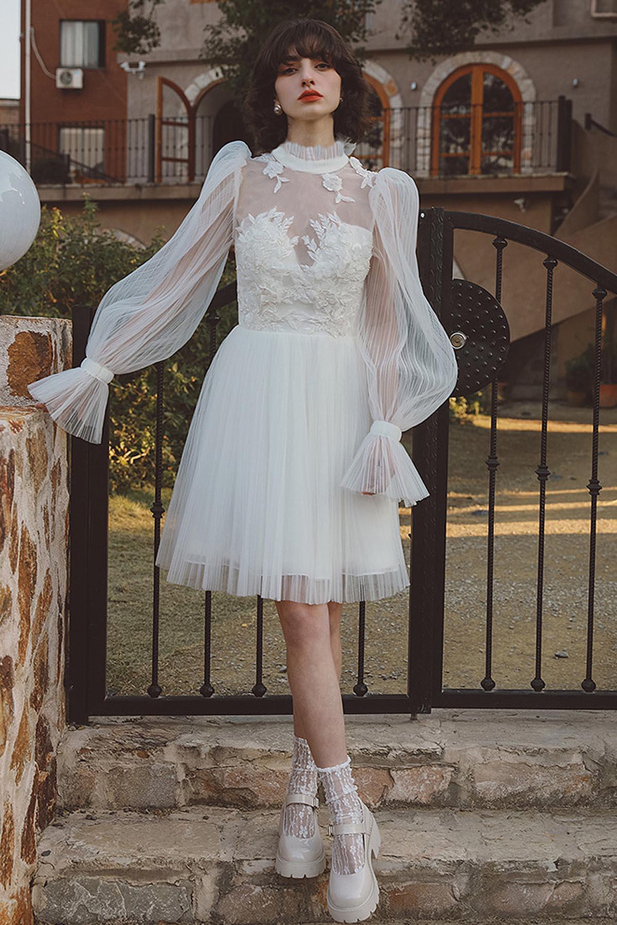 Sheath Knee Length Crushed Material Wedding Dress CW3050 - COCOMELODY