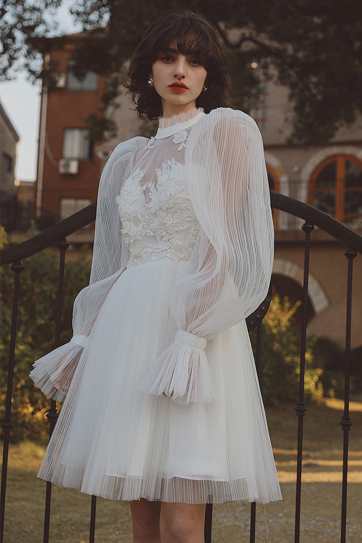 Sheath Knee Length Crushed Material Wedding Dress CW3050 - COCOMELODY