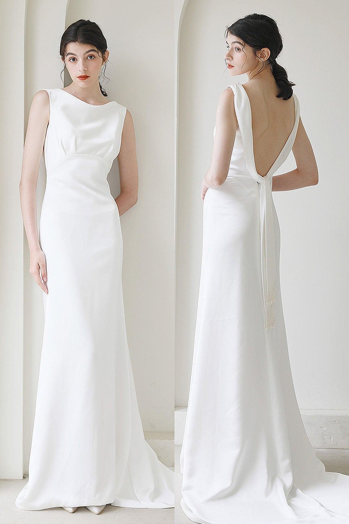 Trumpet-Mermaid Sweep-Brush Train Satin Wedding Dress CW3052 - COCOMELODY