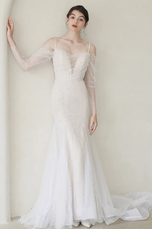 Trumpet-Mermaid Sweep-Brush Train Tulle Wedding Dress CW3053