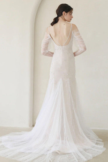 Trumpet-Mermaid Sweep-Brush Train Tulle Wedding Dress CW3053 - COCOMELODY