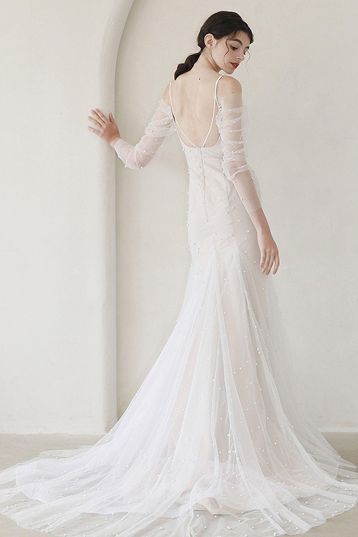Trumpet-Mermaid Sweep-Brush Train Tulle Wedding Dress CW3053 - COCOMELODY