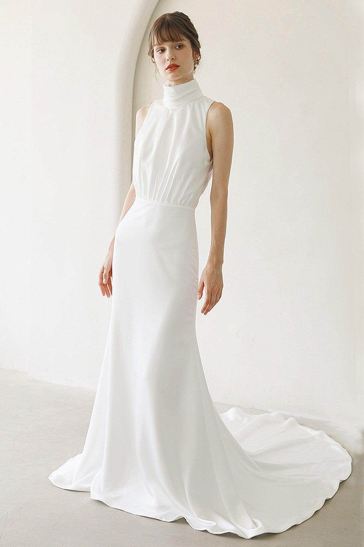 Trumpet-Mermaid Sweep-Brush Train Satin Wedding Dress CW3054 - COCOMELODY