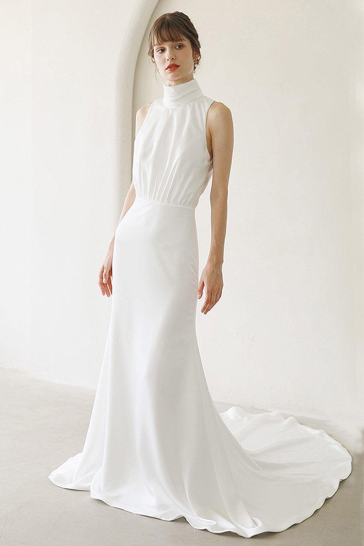 Trumpet-Mermaid Sweep-Brush Train Satin Wedding Dress CW3054 - COCOMELODY