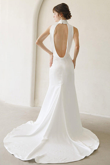 Trumpet-Mermaid Sweep-Brush Train Satin Wedding Dress CW3054 - COCOMELODY