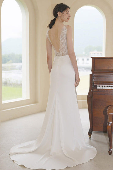 Sheath Sweep-Brush Train Lace Satin Wedding Dress CW3055 - COCOMELODY