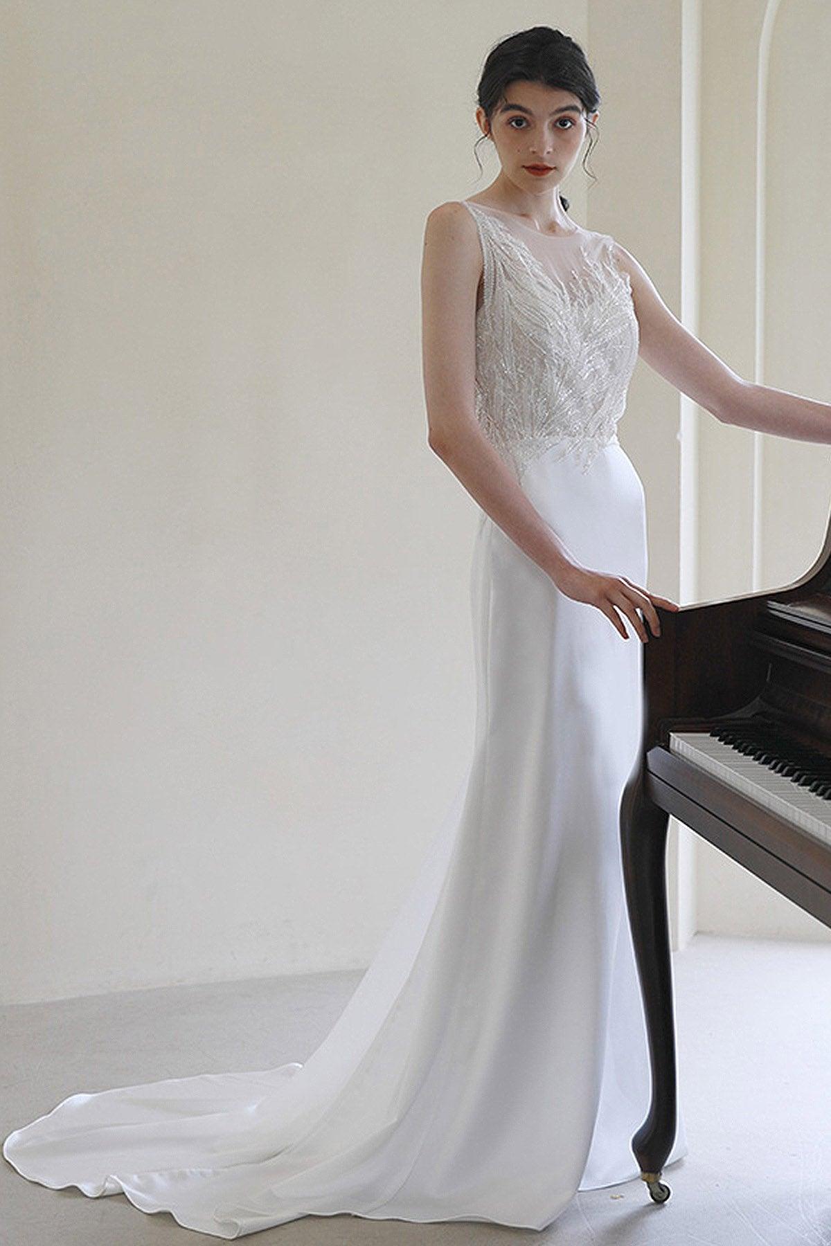 Sheath Sweep-Brush Train Lace Satin Wedding Dress CW3055 - COCOMELODY