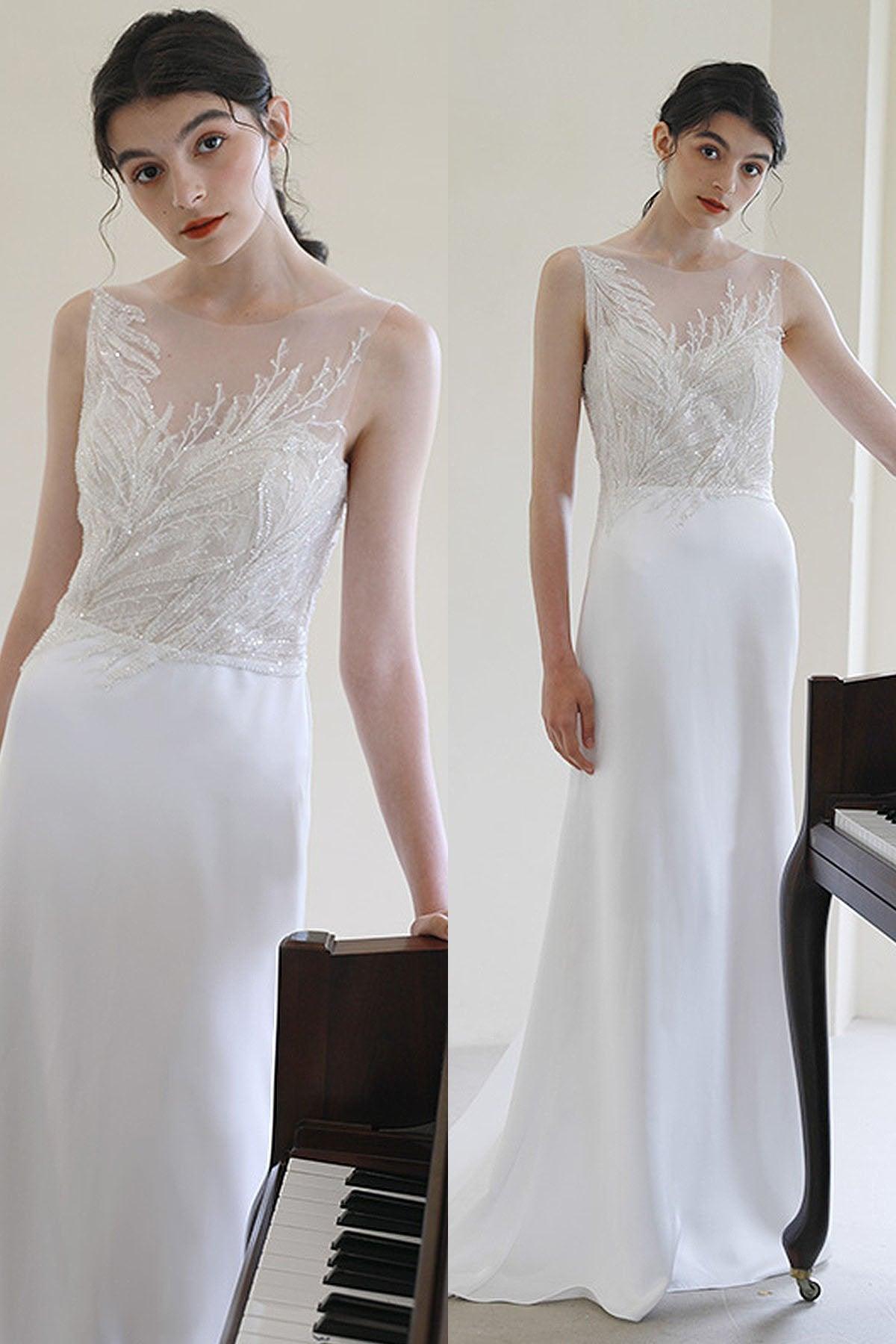 Sheath Sweep-Brush Train Lace Satin Wedding Dress CW3055 - COCOMELODY